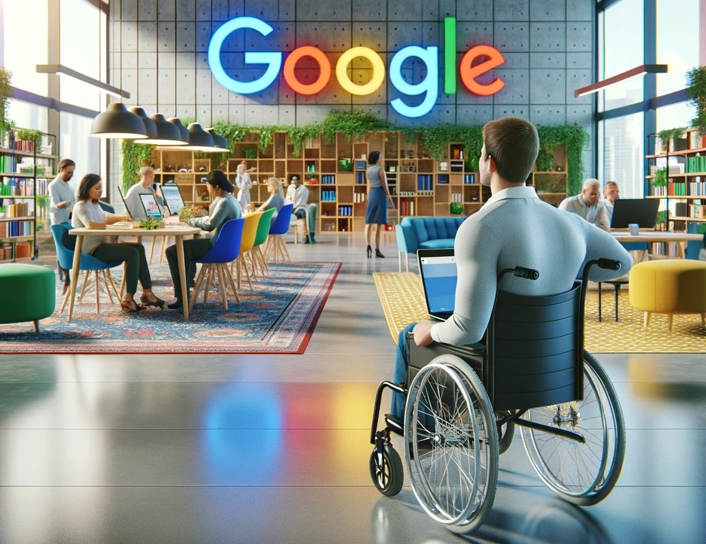 Man sitting on wheelchair and visiting Google office